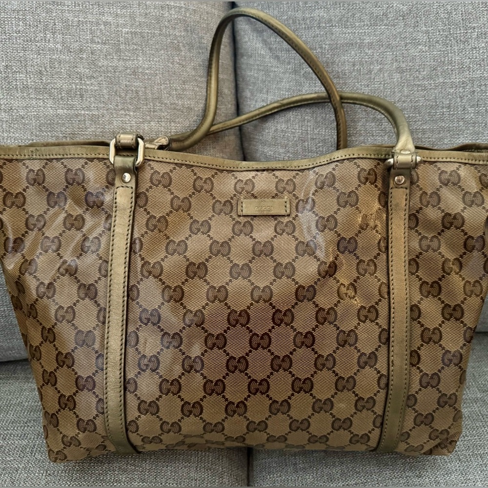 GUCCI Crystal GG Gold and Tan Tote Bag